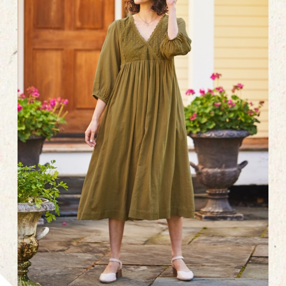 April Cornell Olive Green Midi Dress with Lace V-Neck